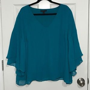 Teal V-Neck Blouse w/ Flutter Sleeves